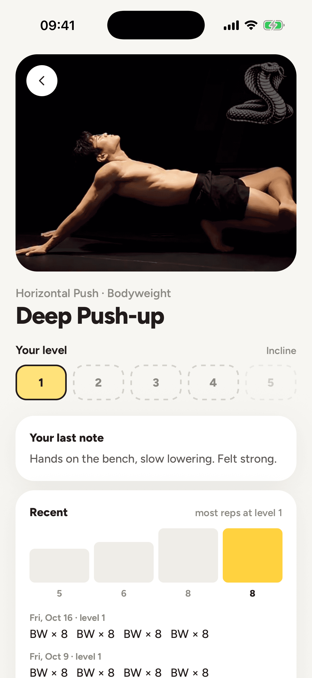Deep Push-up: your level and recent sets